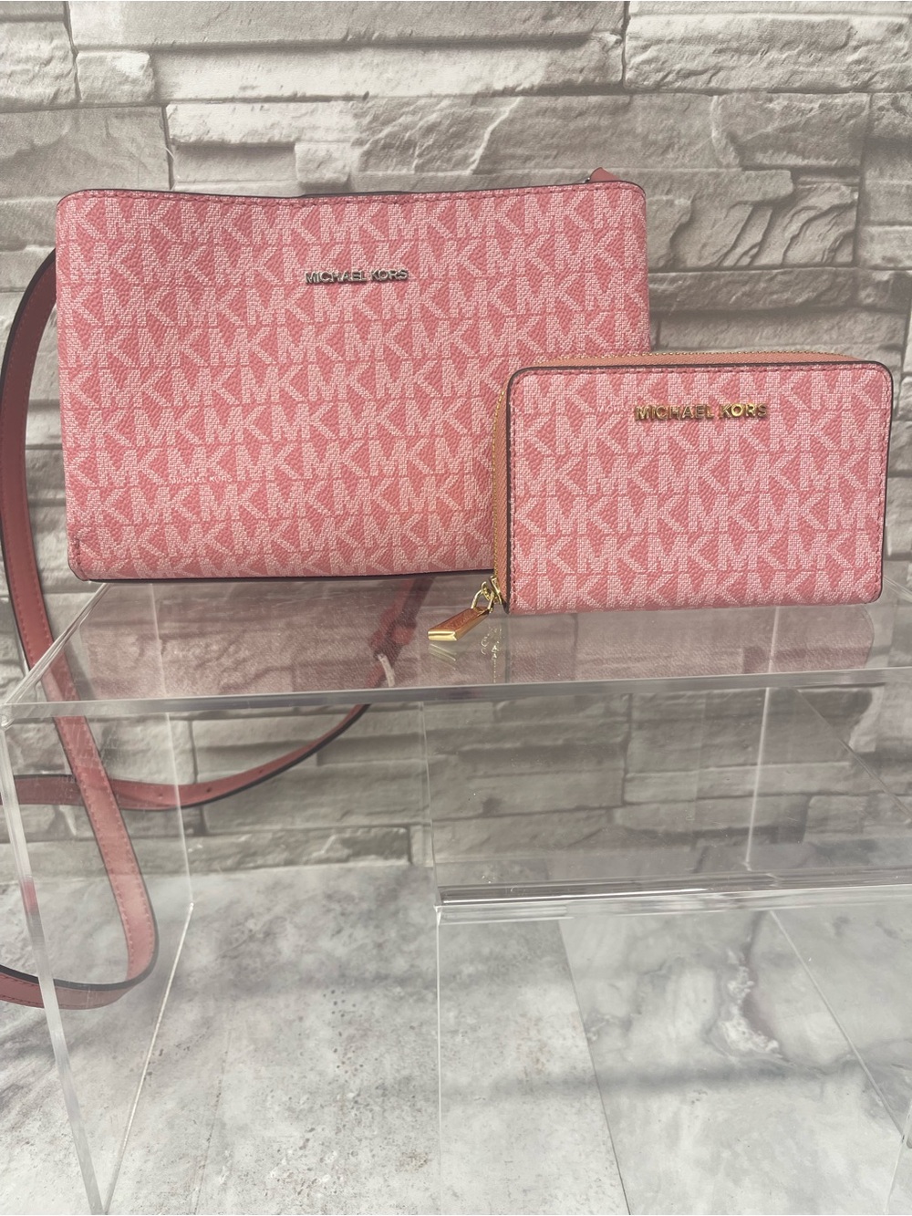 Michael Kors Ruthie Crossbody & Matching Wallet MK Signature Logo Rose Pink - Picture 1 of 15